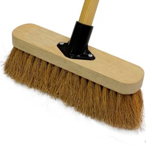 10” Soft Broom Indoor with Wooden Handle Natural Coco Bristles Sweeping Brush with Durable Support Bracket for Cleaning Any Surface Wooden Floor Decking and Paving Slabs